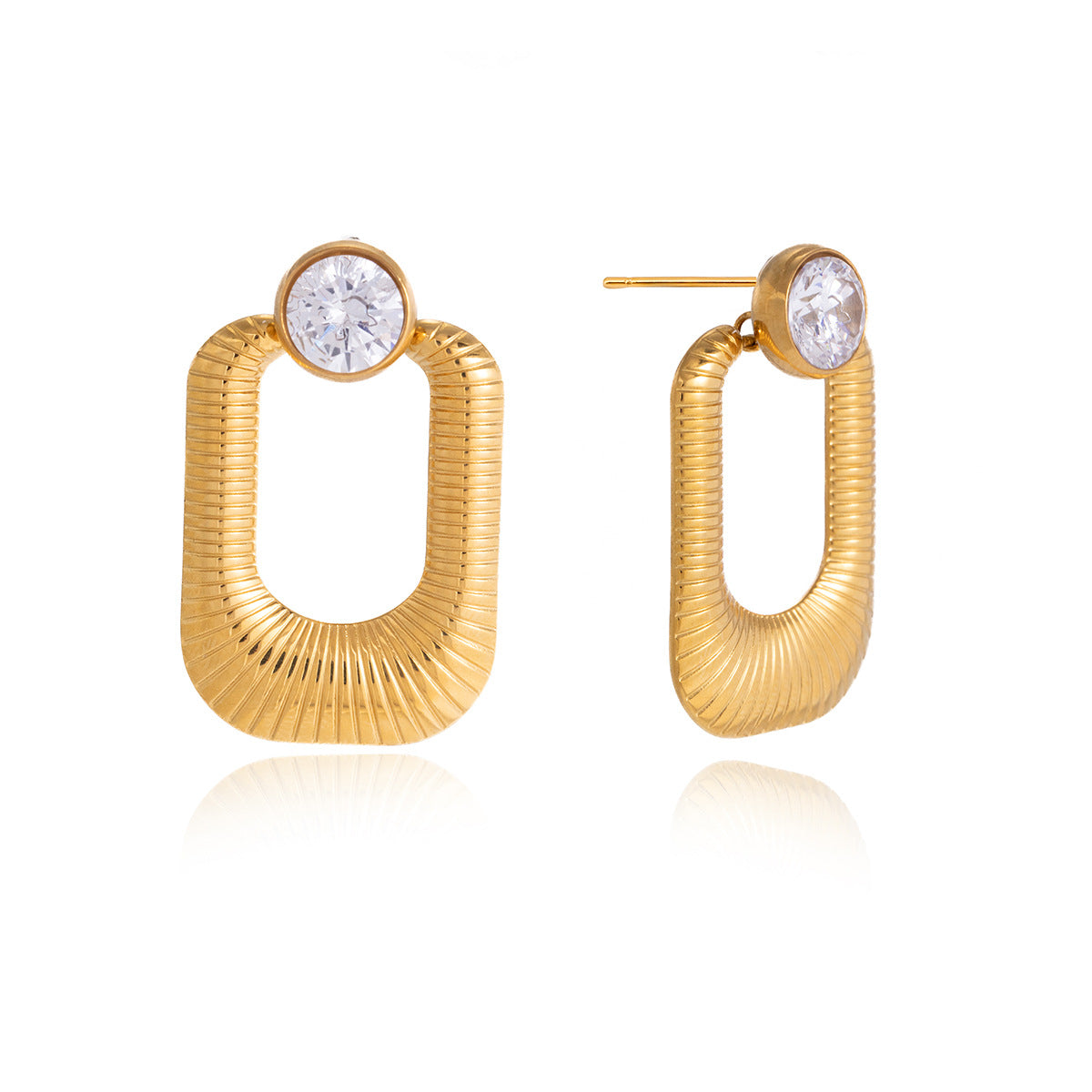 Elegant Minimalist Geometric Square Titanium Steel PVD Gold Plated Cubic Zirconia Stud Earrings for Women
