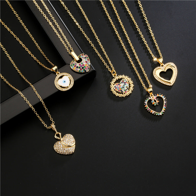 18K Gold Plated Heart Geometric Brass Necklace with Cubic Zirconia Inlay for Women