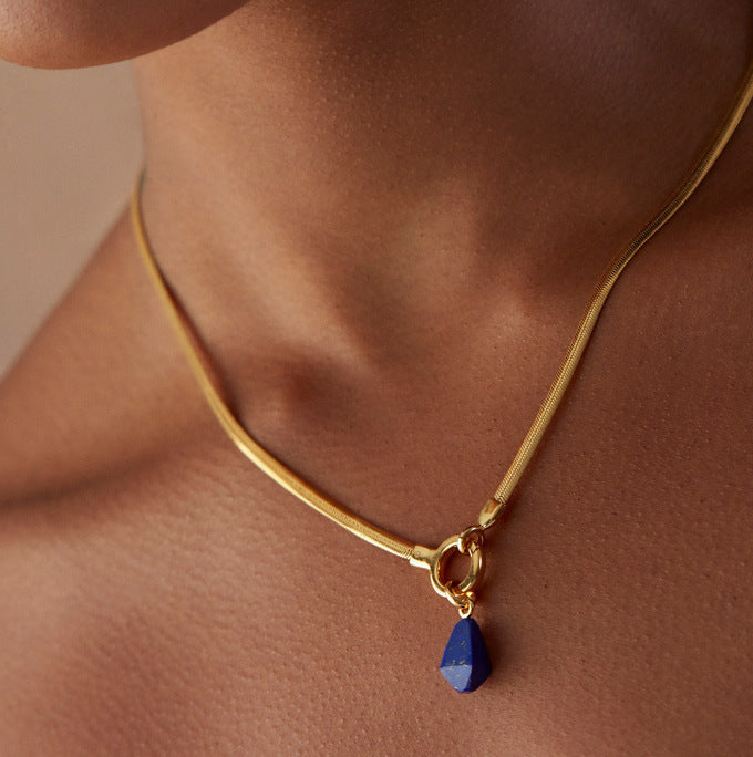 Vintage Geometric Lapis Lazuli Pendant 18K Gold Plated Titanium Steel Necklace Charm Bar
