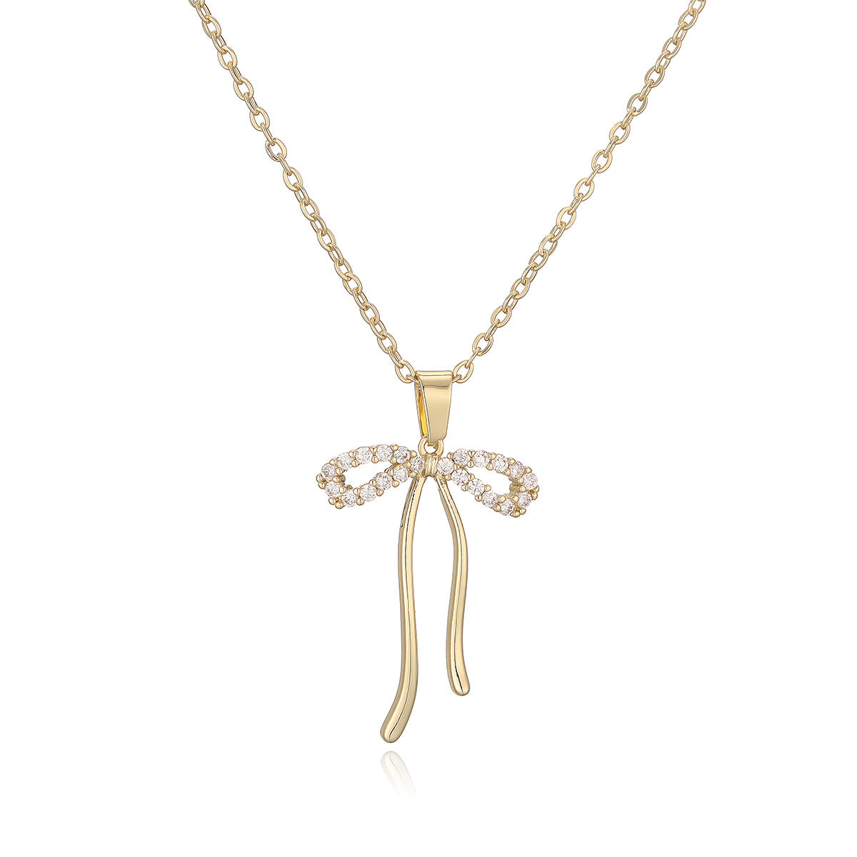 Collana pendente minimalista a forma di fiocco in rame con placcatura in oro vero e zirconi per donna
