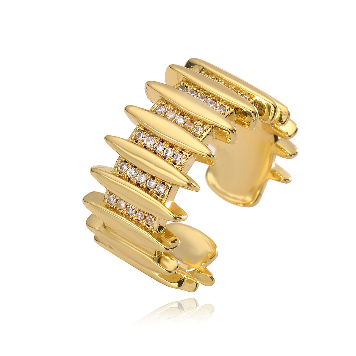 Anello Aperto Geometrico Minimalista in Rame Placcato Oro 18K con Intarsio di Zirconi da Donna