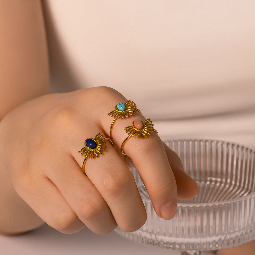 INS Style Geometric Sun-Shaped Stainless Steel Ring with Turquoise Inlay for Women and Men