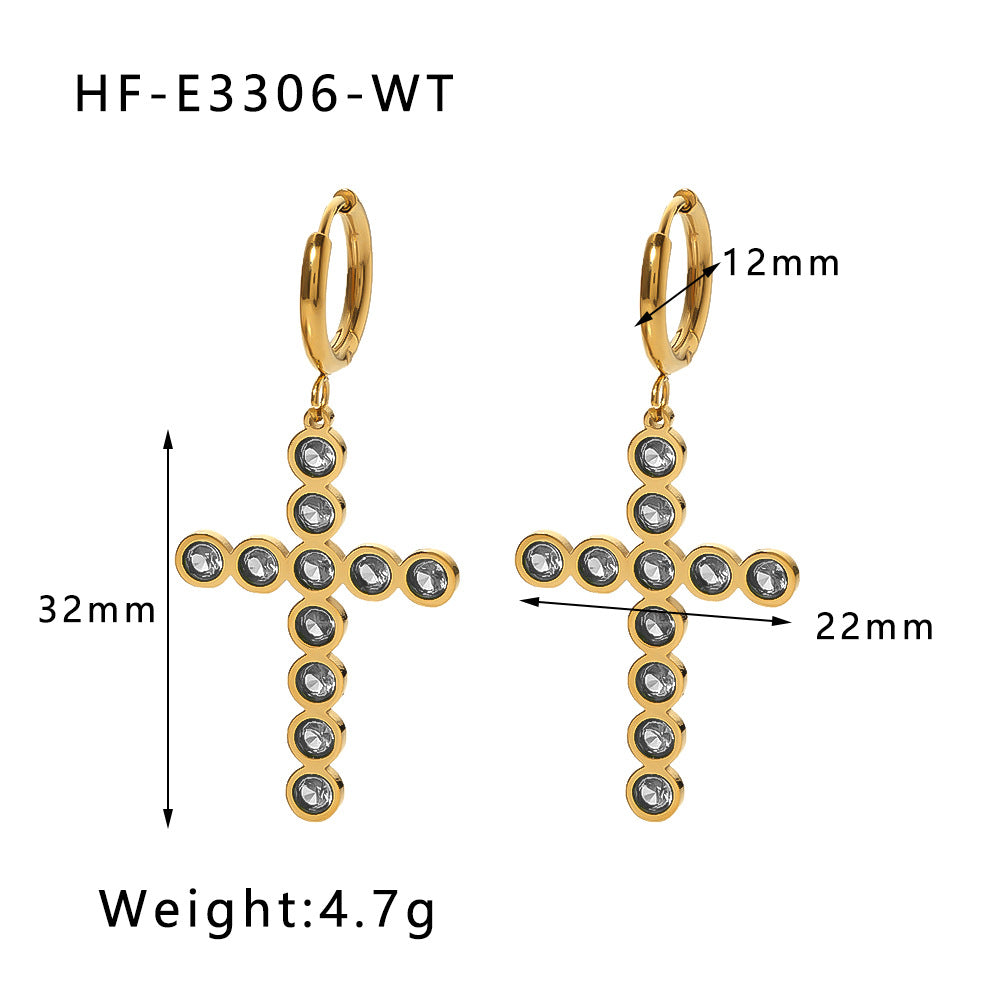 Ins Style Geometric Stainless Steel Cross Stud Earrings with Green Black Colorful or White Zircon Inlay Plated for Women