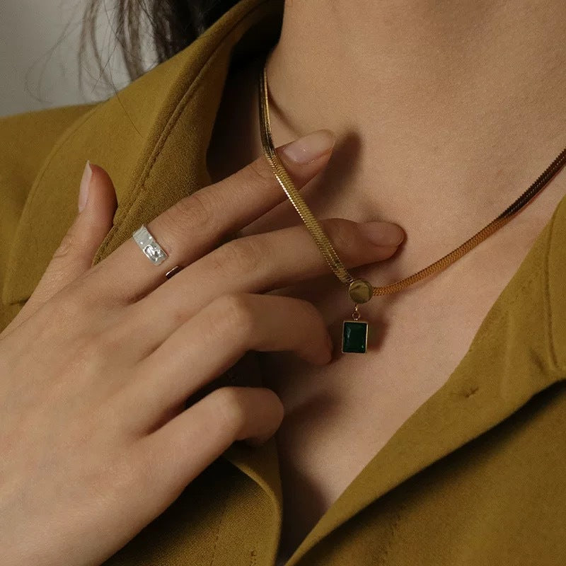 Vintage Green Square Cubic Zirconia Titanium Steel Necklace with Flat Snake Chain for Women