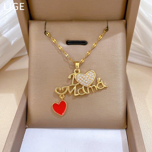 Sweet Drip Oil Heart Rhinestone Titanium Steel Necklace with Cable Chain