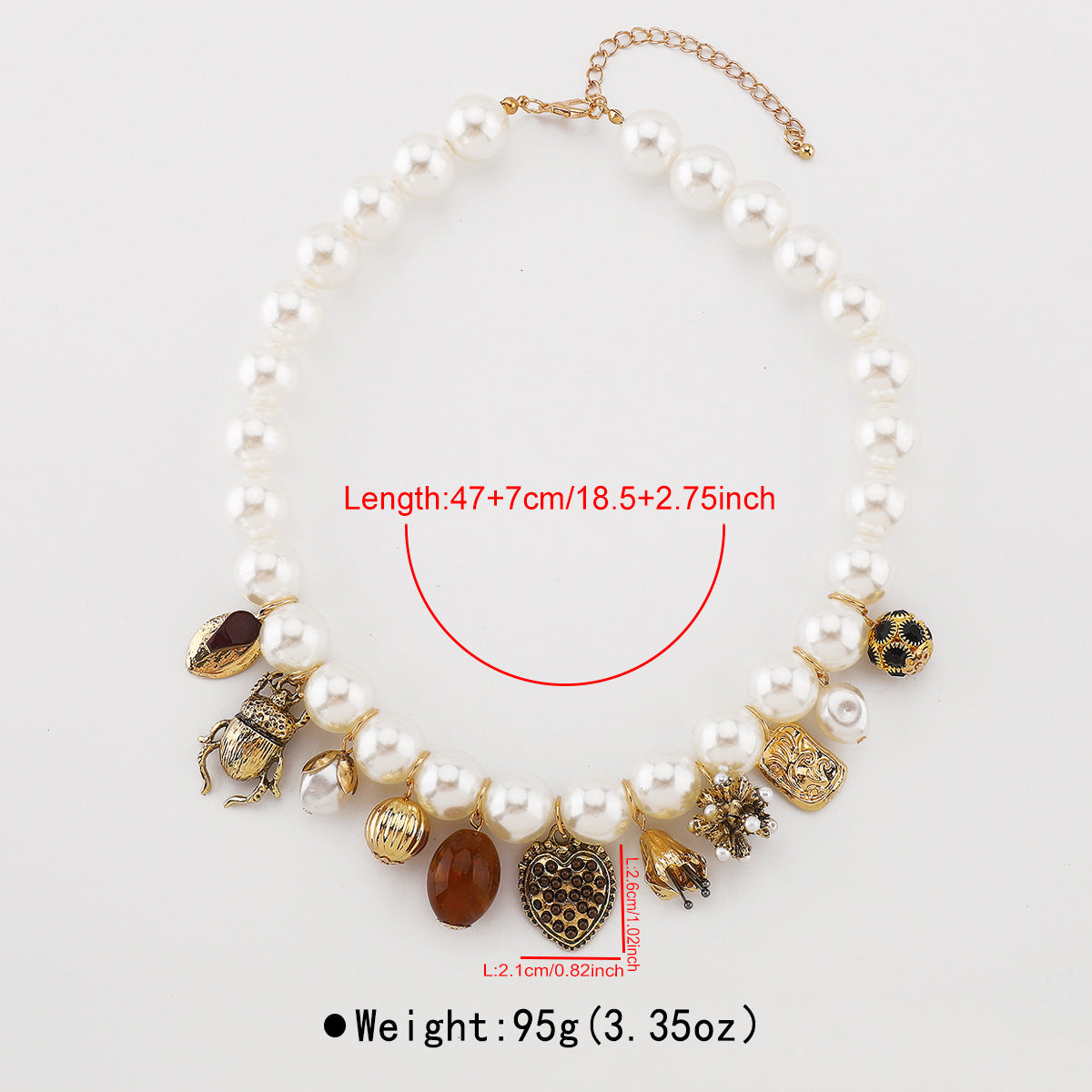 Collar de múltiples colgantes barrocos vintage con dijes de corazón e insectos, cadena de cuentas de perlas de imitación en aleación con acabado galvanizado