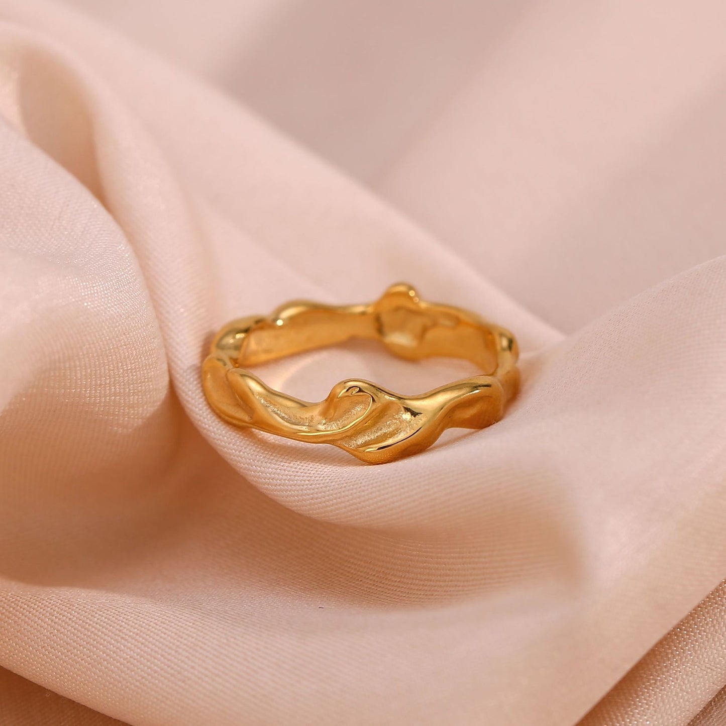 Minimalist Geometric Stainless Steel Gold-Plated Irregular Surface Ring for Women