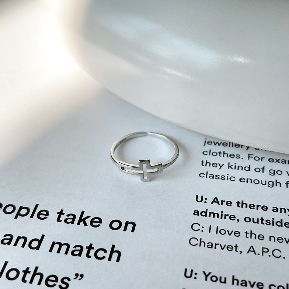 Minimalist 925 Sterling Silver Polished Hollow Cross Open Ring