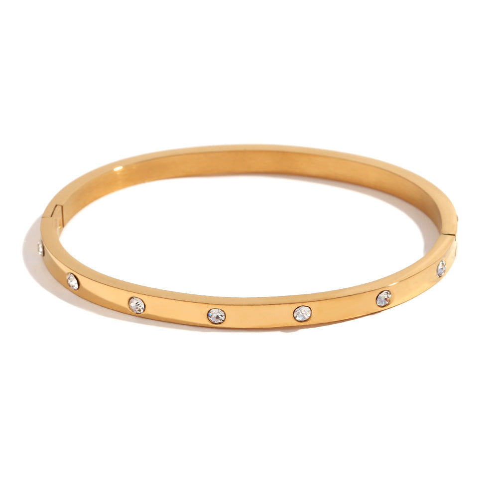 Bracciale Minimalista Geometrico in Acciaio Inossidabile con Placcatura in Oro 18K Finitura Oro Rosa e Accenti in Zirconia Rotonda