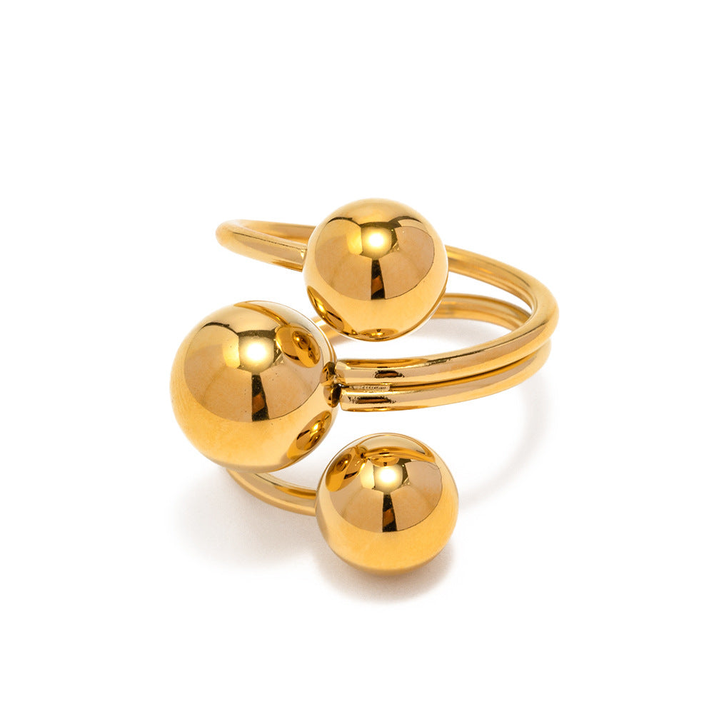 Fashionable 18K Gold Plated Stainless Steel Geometric Three-Ball Open Ring for Women