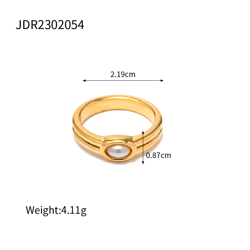 Anello da donna in acciaio inossidabile con motivo geometrico a foglia di ginkgo, placcatura in oro PVD 18K e perla