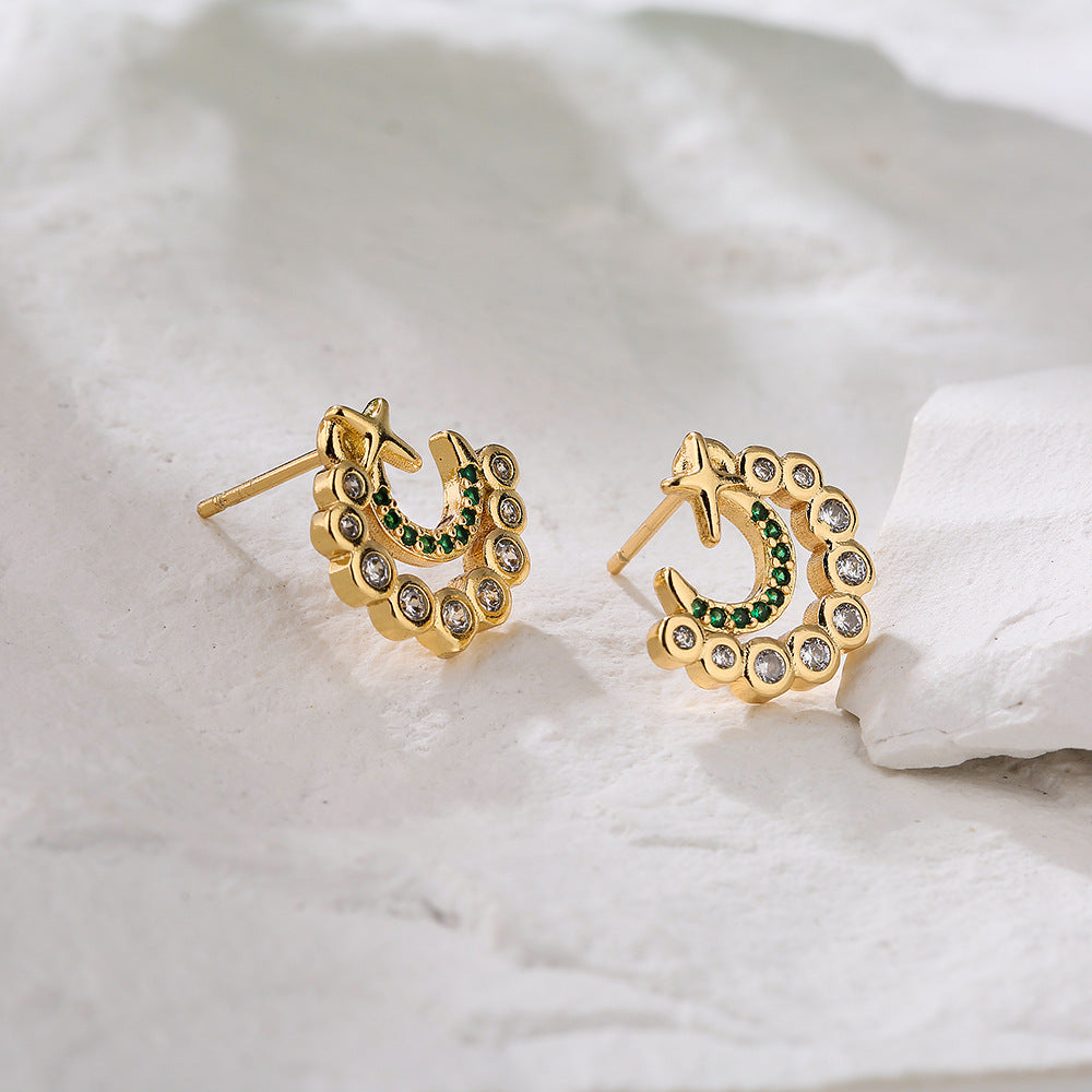 Minimalist Geometric Moon and Star Stud Earrings in Copper with 18K Gold Plating and Micro-Pave Zirconia