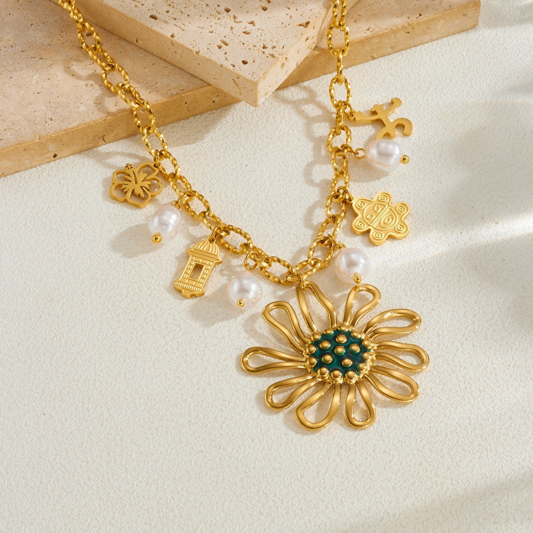 Gold Plated Stainless Steel Sunflower Charm Bar Necklace with Cable Chain for Women
