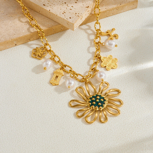 Gold Plated Stainless Steel Sunflower Charm Bar Necklace with Cable Chain for Women
