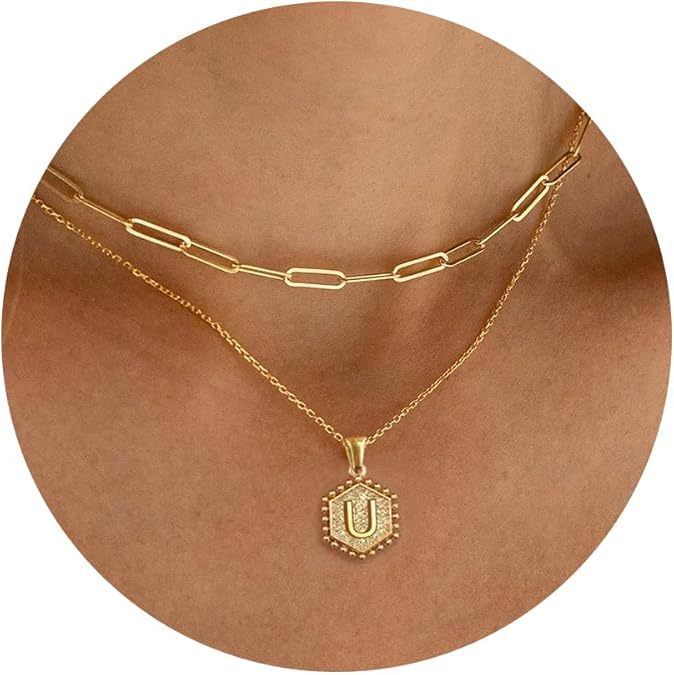 Vintage 18K Gold Plated Double Layer Paperclip Chain Necklace with Stainless Steel Heart and Hexagon Letter Pendant for Women