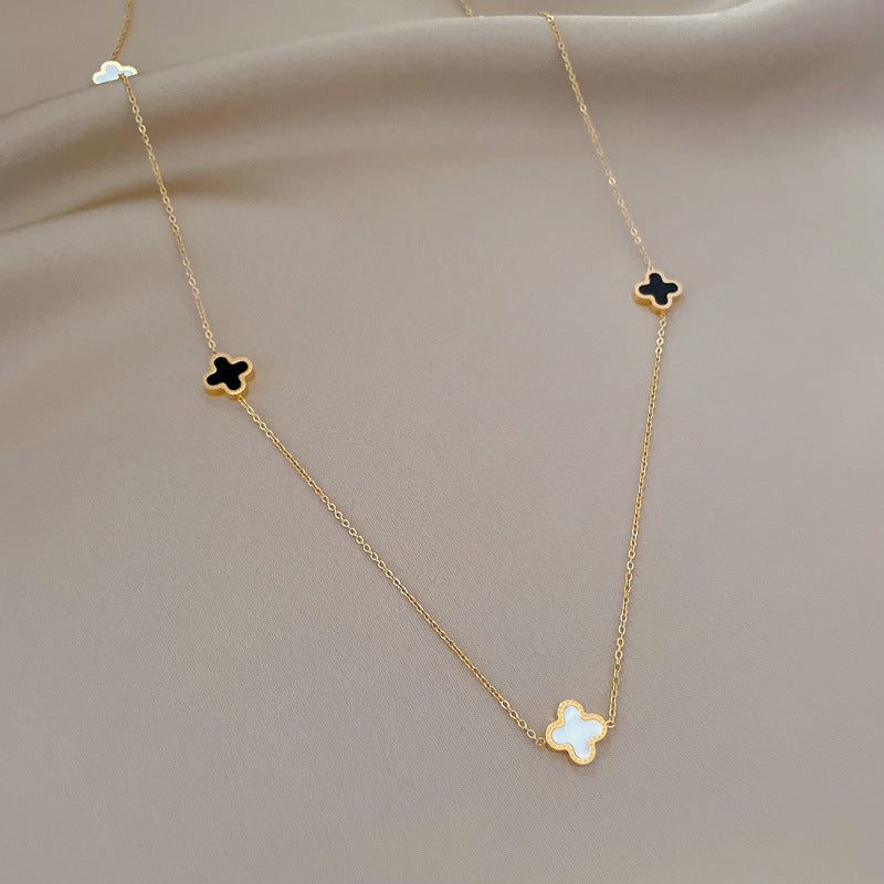 Minimalist Lucky Clover Double-Sided Titanium Steel Necklace with Gold Plating for Women and Men, Geometric Design Fashion Accessory