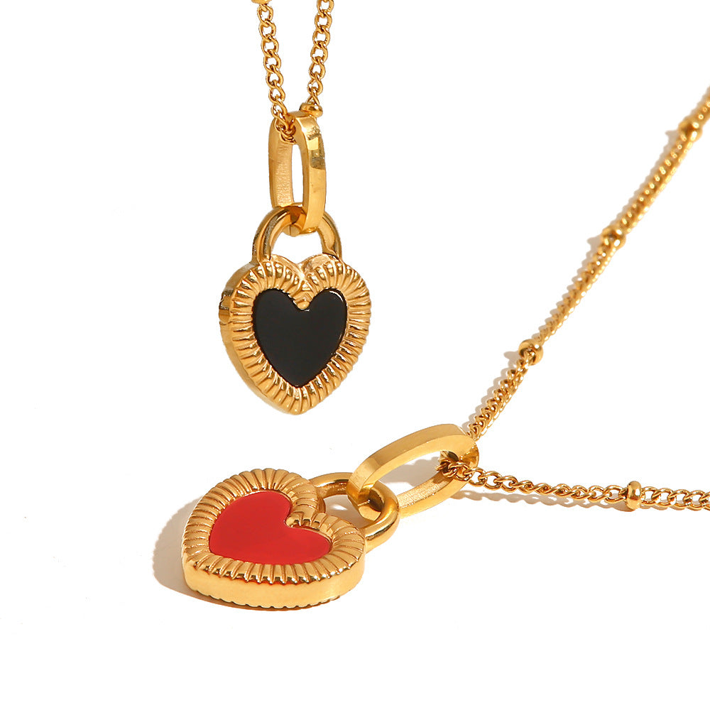 Retro Minimalist Double-Sided Heart Pendant Necklace for Women Stainless Steel with Plated Finish