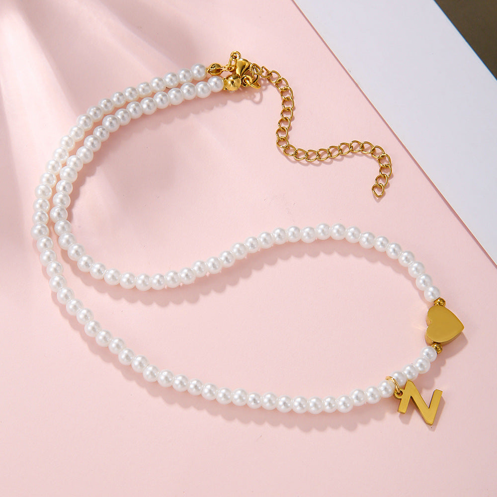 Minimalist Letter Heart Stainless Steel Pearl Necklace Women Cable Chain