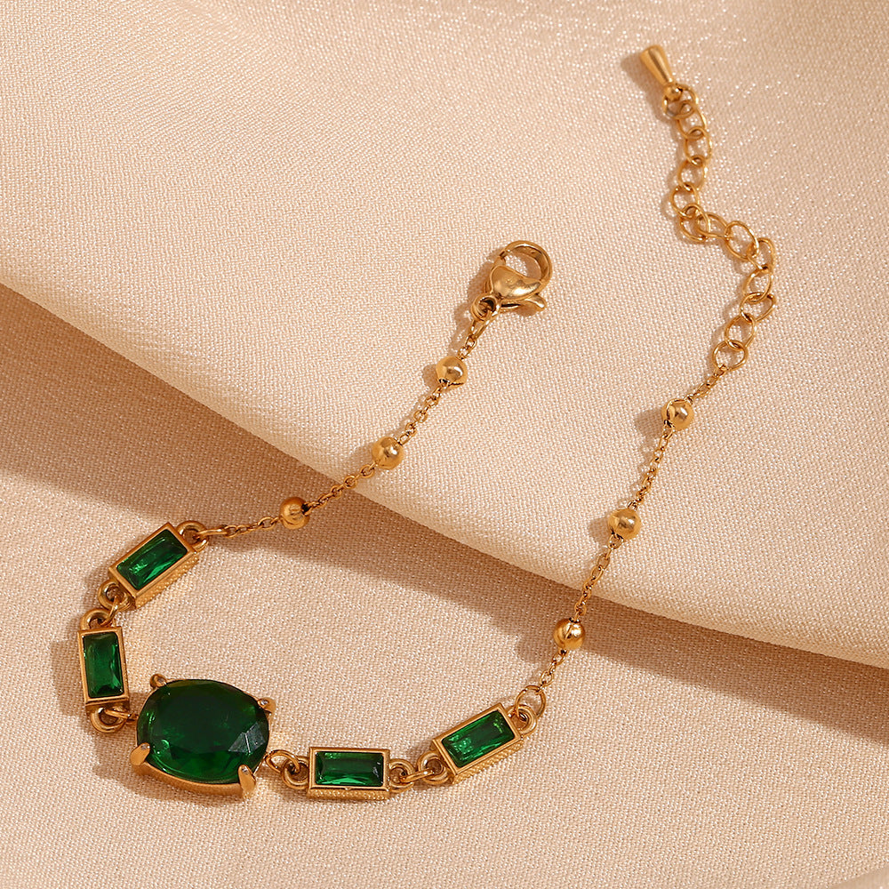 Pulsera de circonita ovalada y rectangular minimalista de moda para mujer en acero inoxidable con baño de oro de 18 quilates