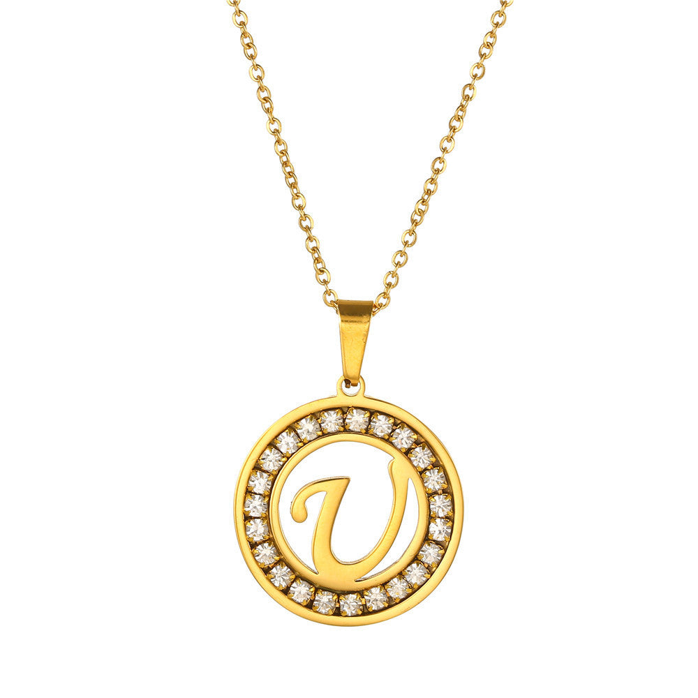 Minimalist Gold Plated Round Letter Rhinestone Inlay Pendant Necklace Titanium Steel Cable Chain