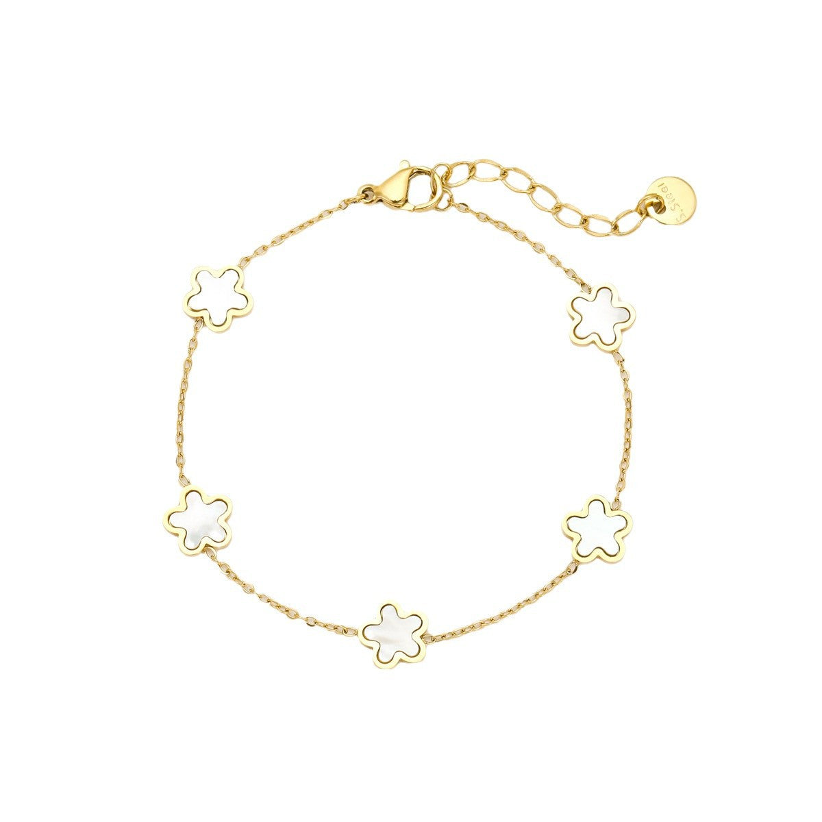 Pulsera de acero inoxidable con incrustaciones de concha de cinco pétalos estilo OL a la moda con acabado chapado para mujer