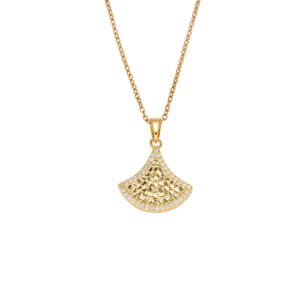 Luxury Minimalist Fan-Shaped Skirt Pendant Necklace in Titanium Steel with Zircon Inlay and Gold Plating for Women