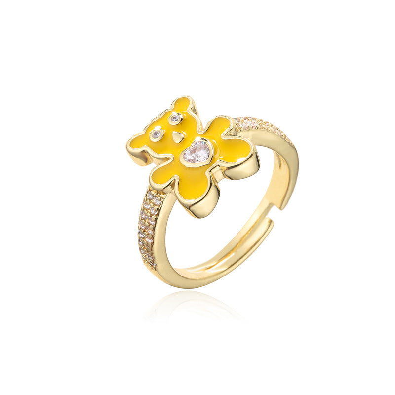 Cute Drip Oil Micro-inlaid Cubic Zirconia Brass Bear Ring for Women