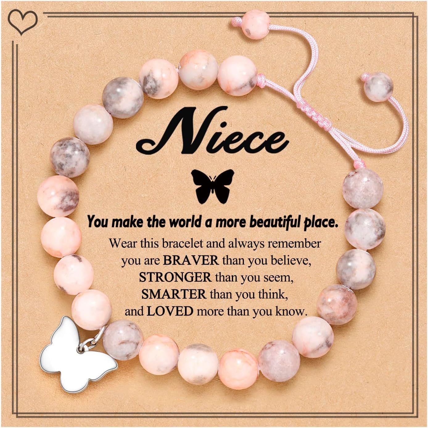 Natural Stone Zebra Print Heart Butterfly Handmade Bracelet for Women