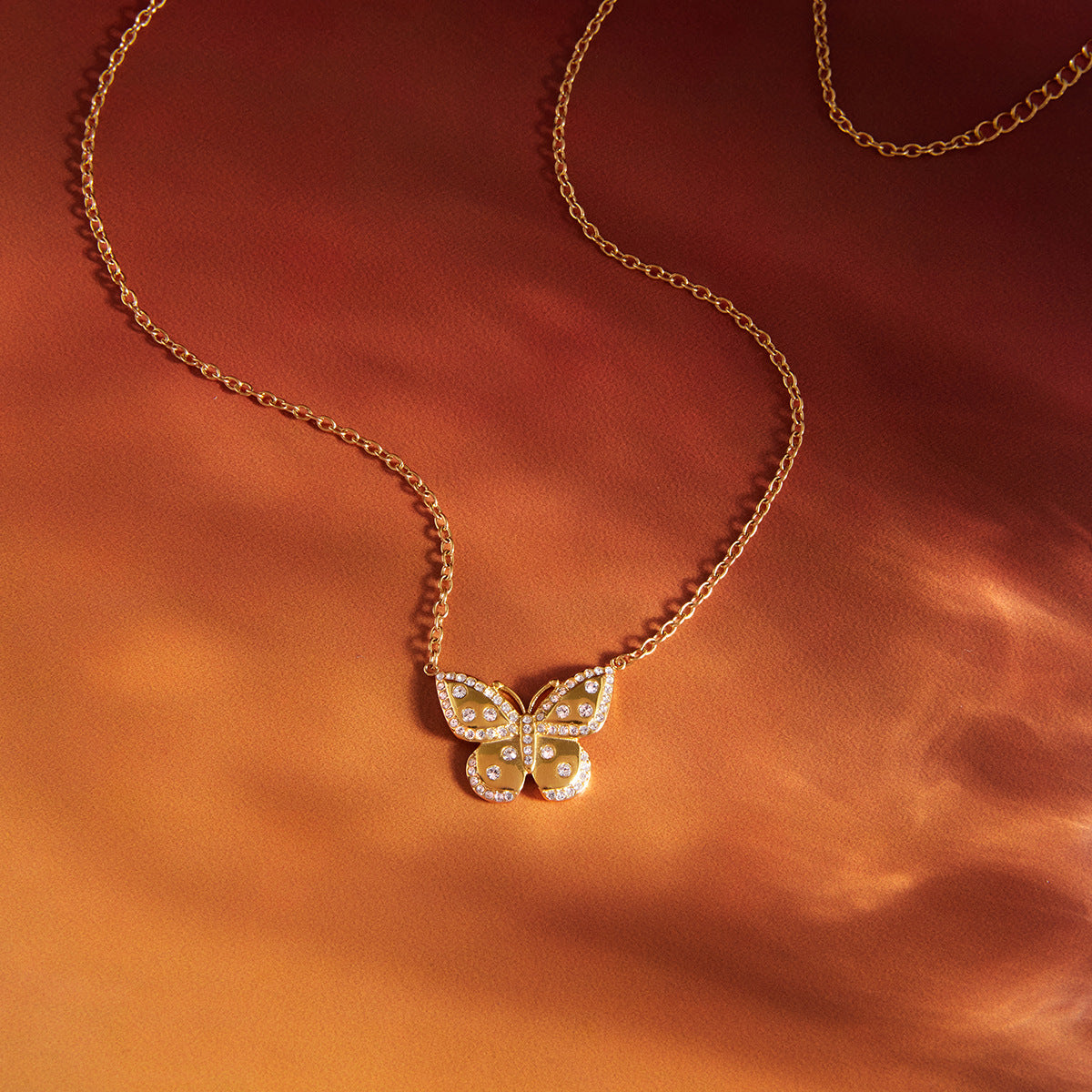 Minimalist Rhinestone Butterfly Titanium Steel Necklace PVD Gold Plated Pendant for Women