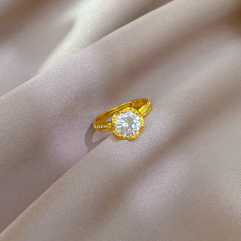 Luxury Minimalist Gold-Plated Brass Open Ring with Crown Shape Zircon Accent for Women