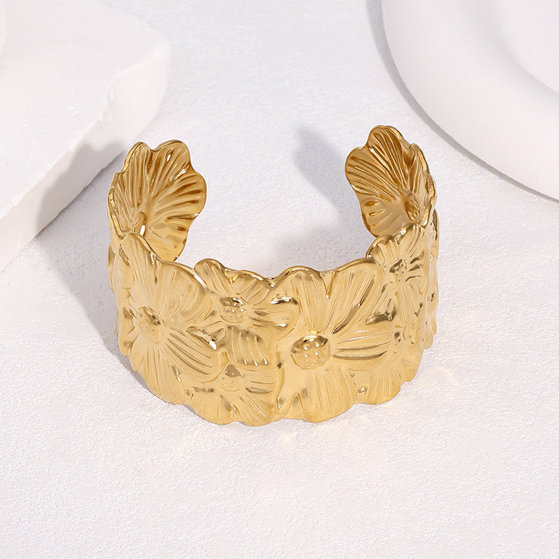 Minimalist 18K Gold Plated Stainless Steel Wide Open Cuff Bracelet with Floral Design for Women