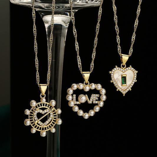 Minimalist Heart-Shaped Copper Pendant Necklace with Zircon and Pearl Accents for Women