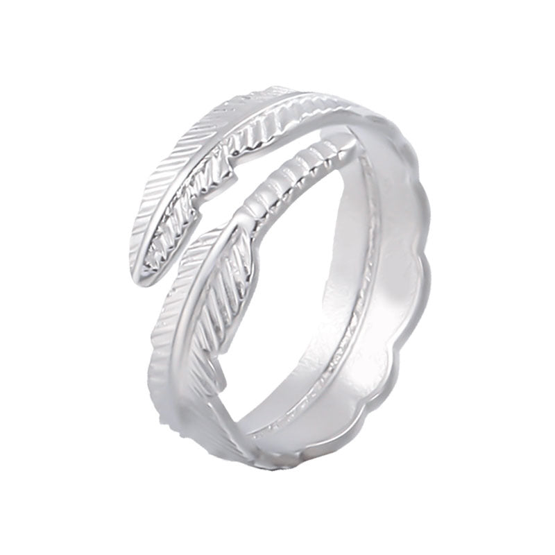 Minimalist Feather-Shaped Titanium Steel Adjustable Open Ring for Women with Plated Finish
