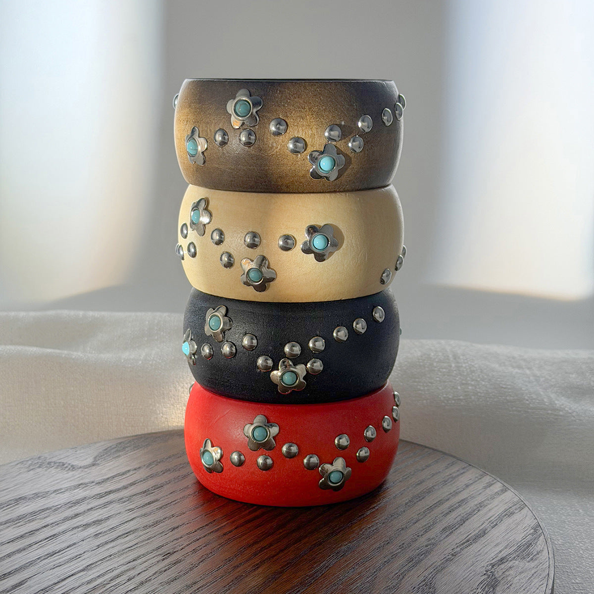 Vintage Ethnic Round Wood Cuff Bracelet Handmade
