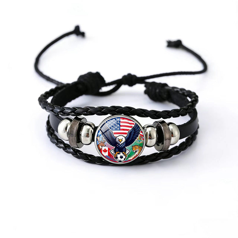 Vintage Geometric Round Black Leather Snap Button Bracelet Unisex Multi-layer Woven Fan Souvenir