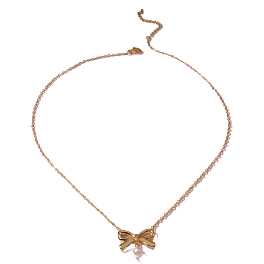 Minimalist Sweet Geometric Bow Pearl Pendant Titanium Steel Plated Necklace for Women