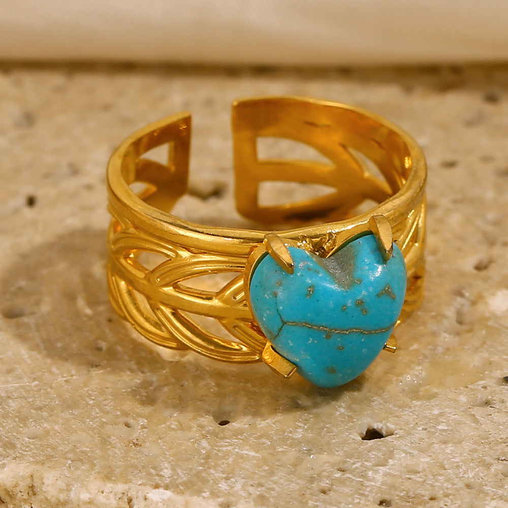 Vintage Style Geometric Turquoise Heart Opening Ring in Stainless Steel with 18K Gold Plating for Women