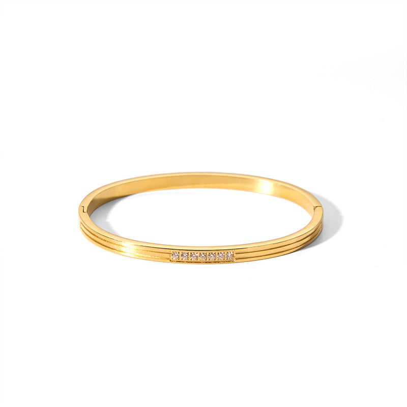 Bracciale Minimalista Lusso in Acciaio Inossidabile Placcato Oro 18K con Design Geometrico Monofila di Zirconi per Donna