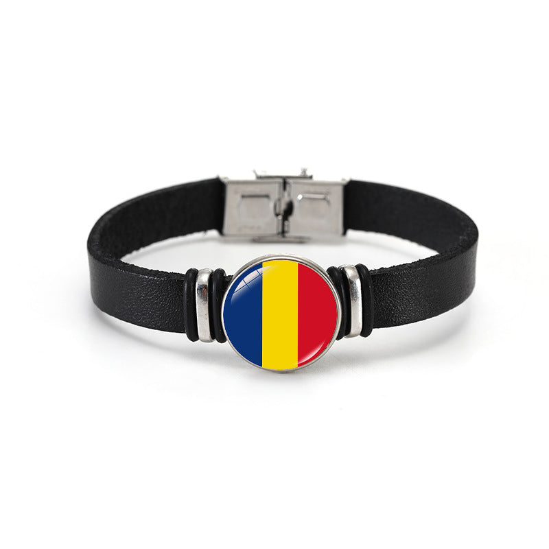 Geometric Plated Leather Bracelet Unisex World Cup Flag Design Casual Wristband