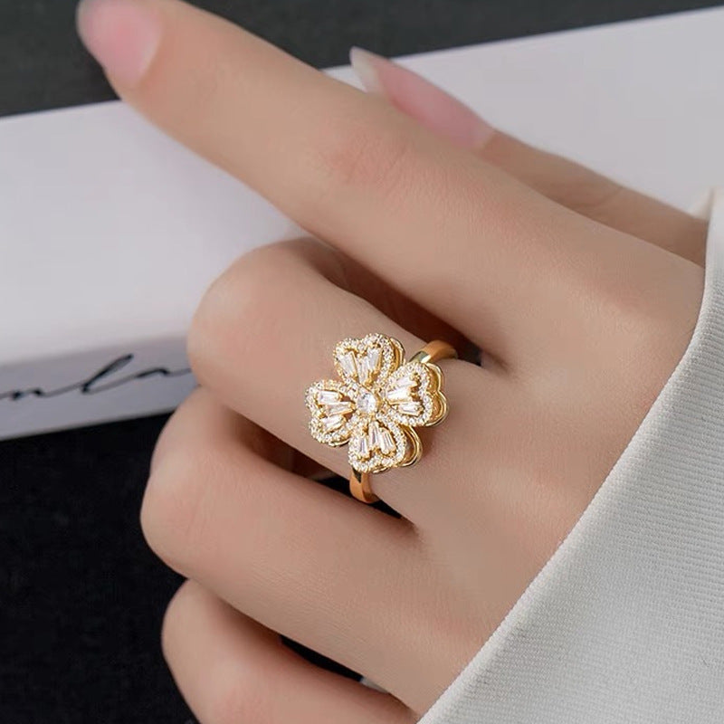 Luxury Minimalist Adjustable Open Ring for Women with Gold-Plated Copper Band and Zircon Stone Accent in Heart and Floral Shape