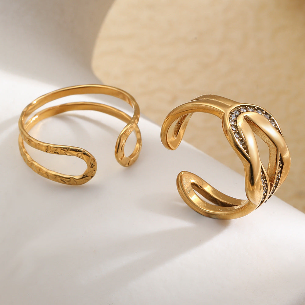 Elegant Minimalist Geometric Rhinestone Knot 18K Gold Plated Stainless Steel Open Ring for Women
