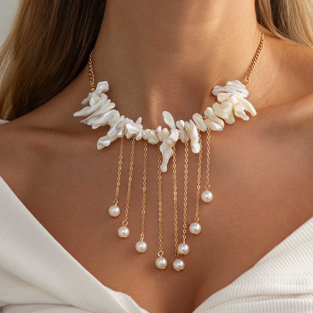 Sweet Geometric Iron Plated Necklace with Faux Pearl and Shell Tassel for Women