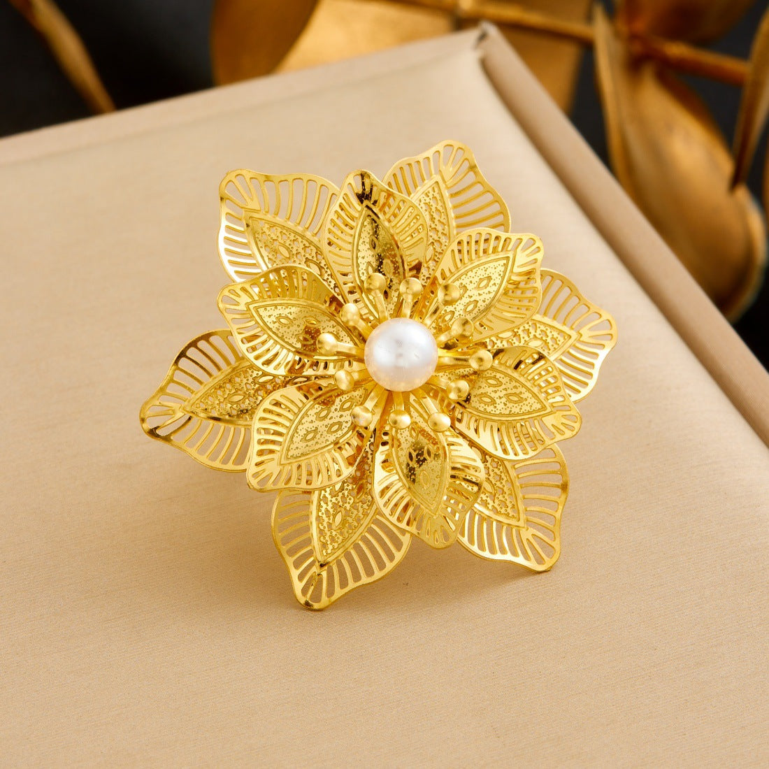 Gold Plated Stainless Steel Hollow Layered Flower Butterfly Ring for Women