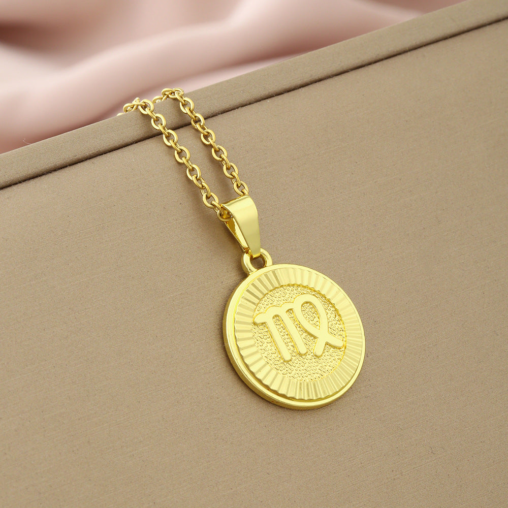 Collana Minimalista con Ciondolo Zodiacale in Acciaio Inox e Charm in Rame Placcato su Catena a O per Donna e Uomo