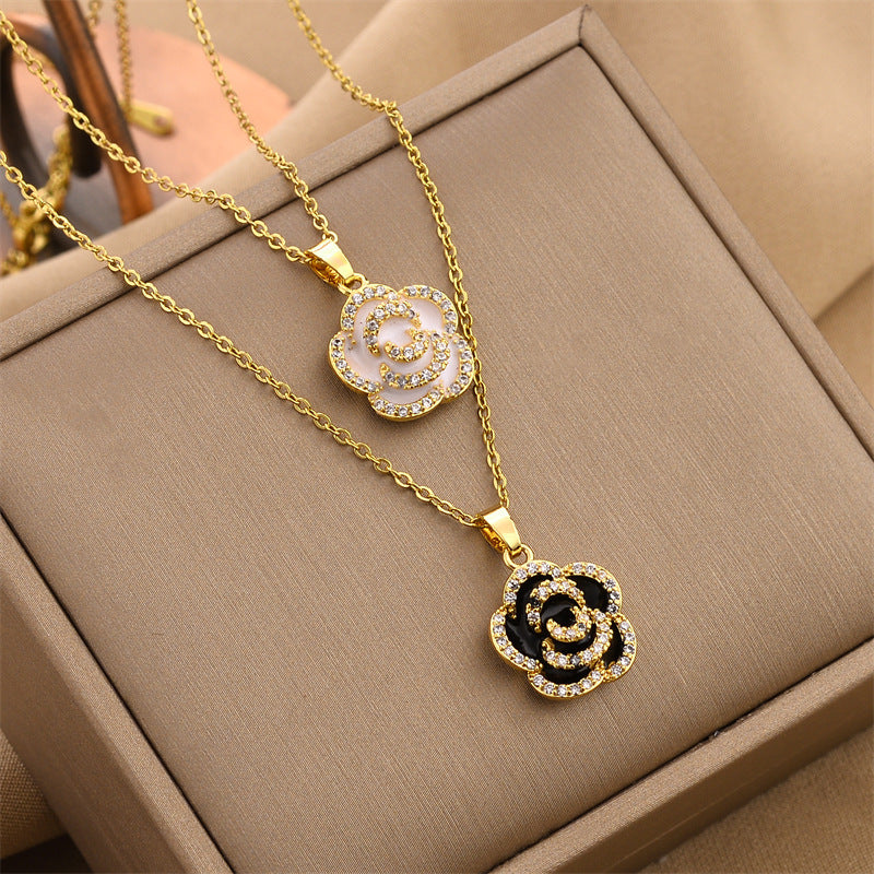 Elegant Camellia-Shaped Pendant Necklace in Titanium Steel with Gold Plating and Zircon Accents for Women