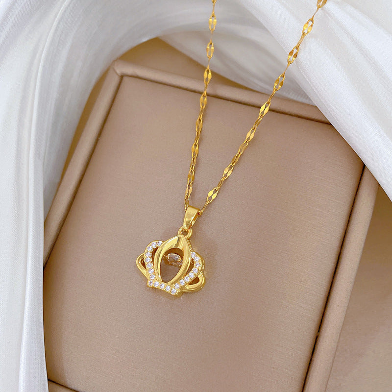 Sweet Minimalist Gold Plated Geometric Rhinestone Inlay Titanium Steel Necklace with Brass Pendant