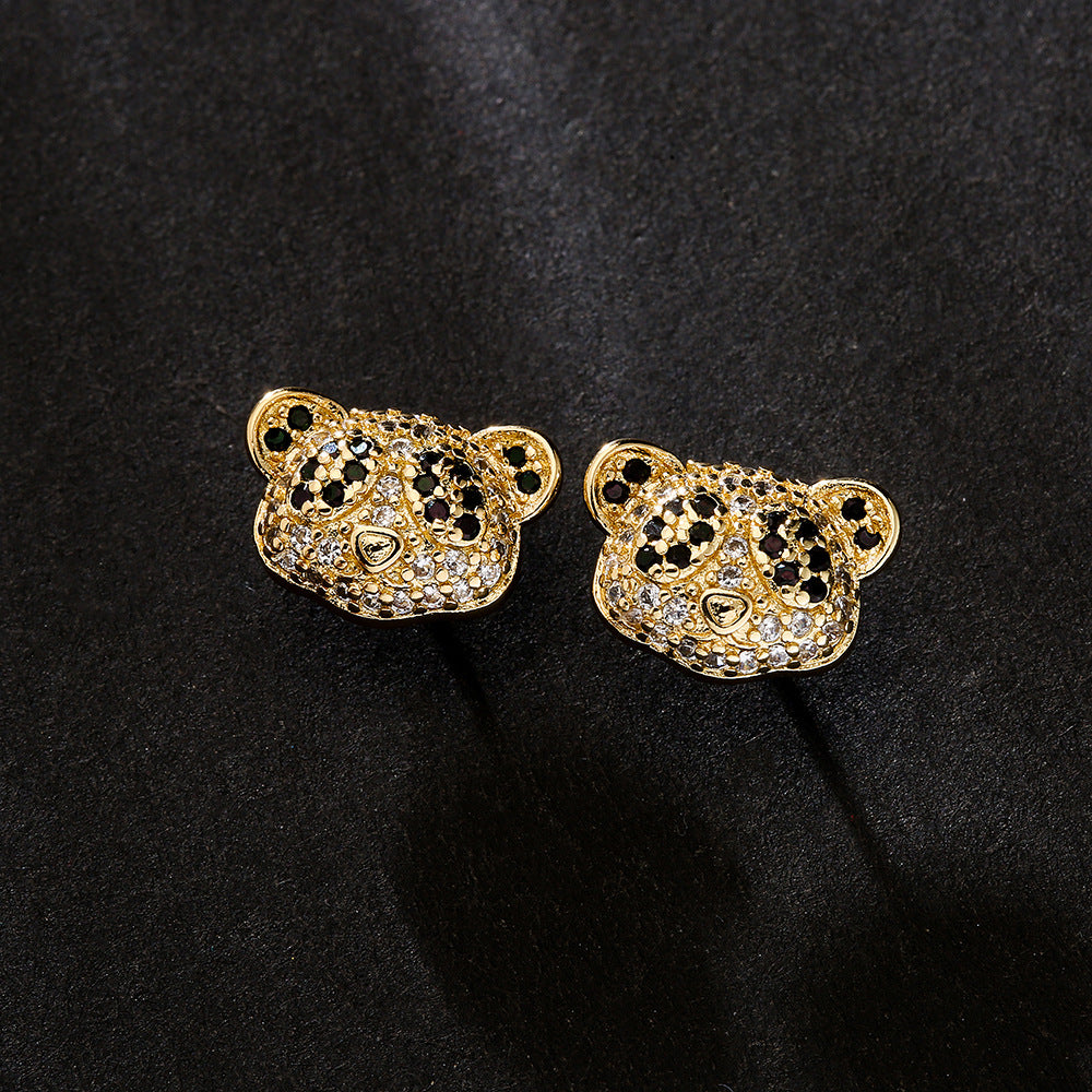 Orecchini in rame a forma di panda stile INS, placcati in oro 18 carati e intarsiati con zirconi, per donna