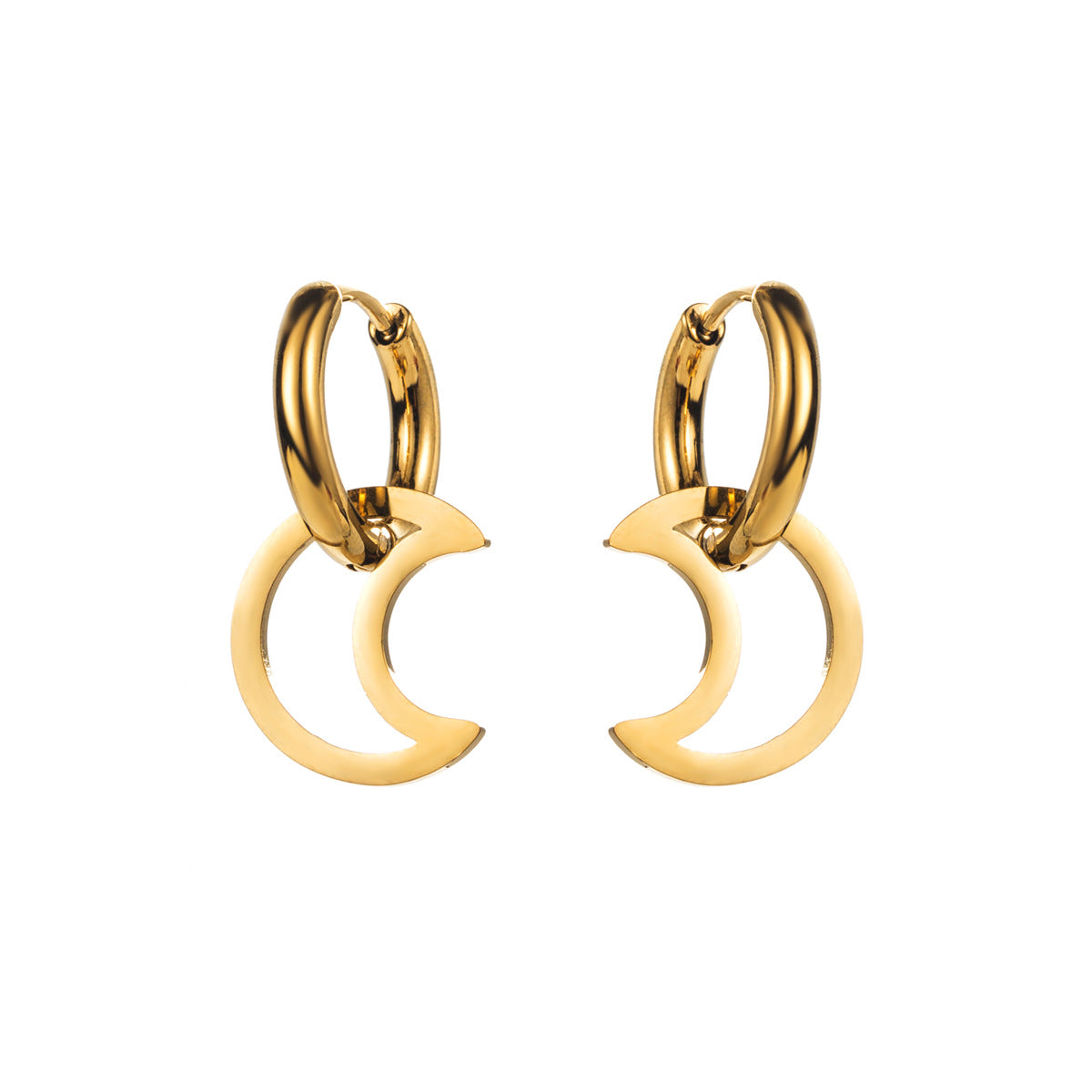 Aretes de acero inoxidable geométricos, estilo "sweet-edgy", con forma de luna, estrella y flor, y acabado enchapado.