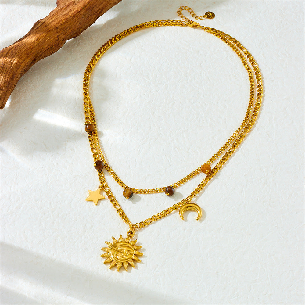 Vintage Gold Plated Stainless Steel Star Moon Face Pendant Necklace with Tiger's Eye Serpentine Chain