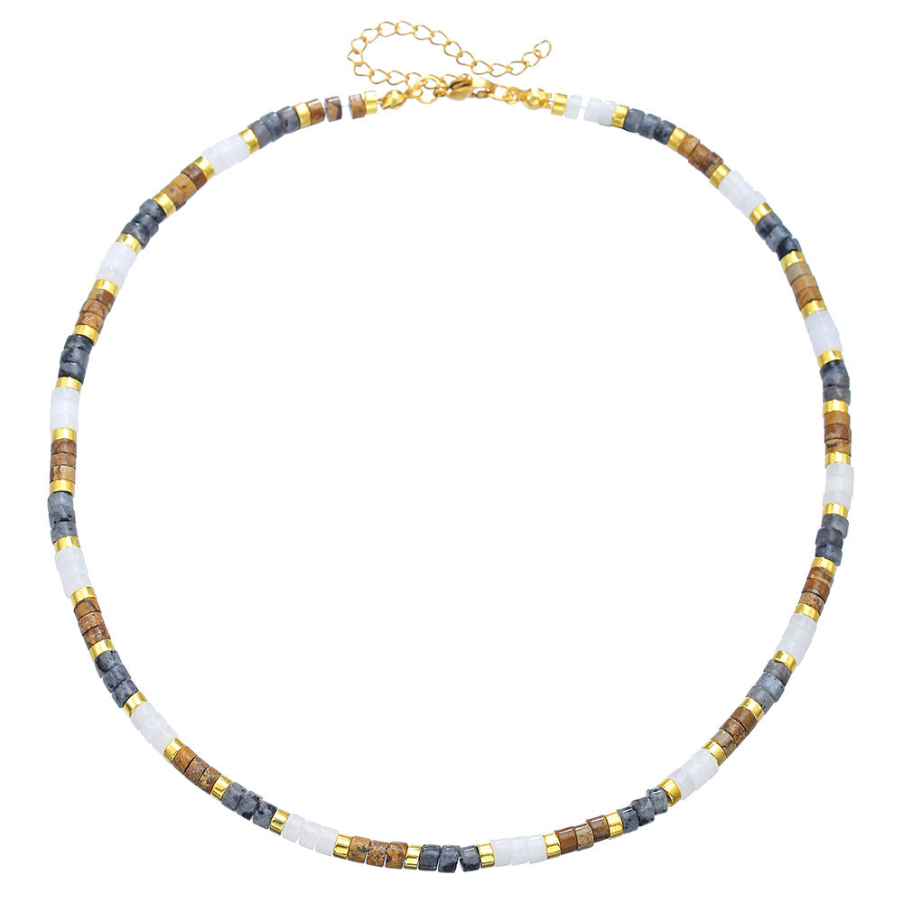 Bohemian Minimalist Round Geometric Wood Bead Necklace with Cubic Zirconia Pendant Ball Chain Unisex Jewelry